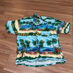 Vintage America Blue and Green Button Down Shirt with Tropical Design